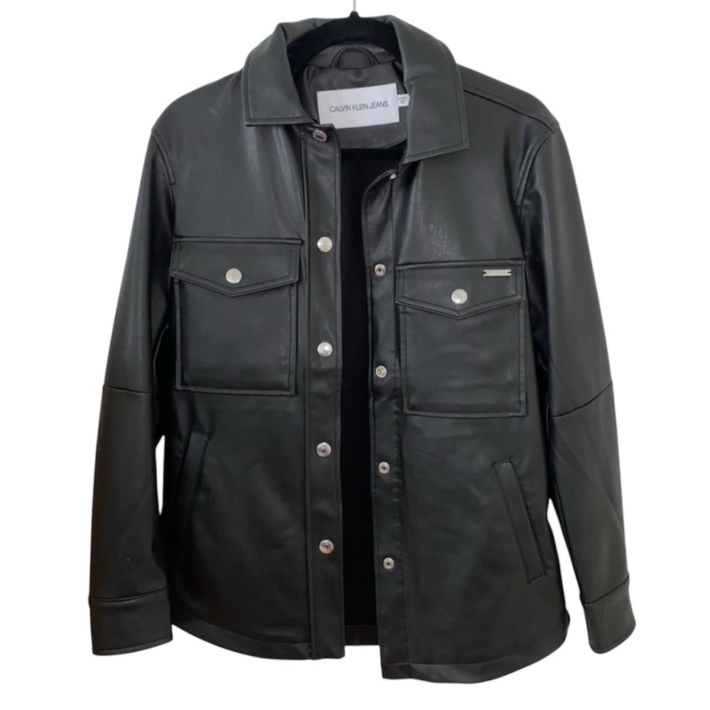 Calvin Klein Womens Black Leather Jacket with Silver Accents